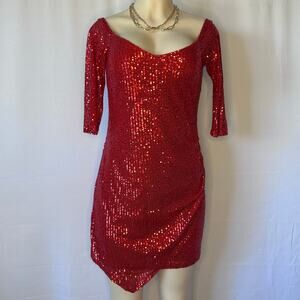 Glam fairy Midnight Doll Red Sequin Bodycon Dress Asymmetrical Hem L